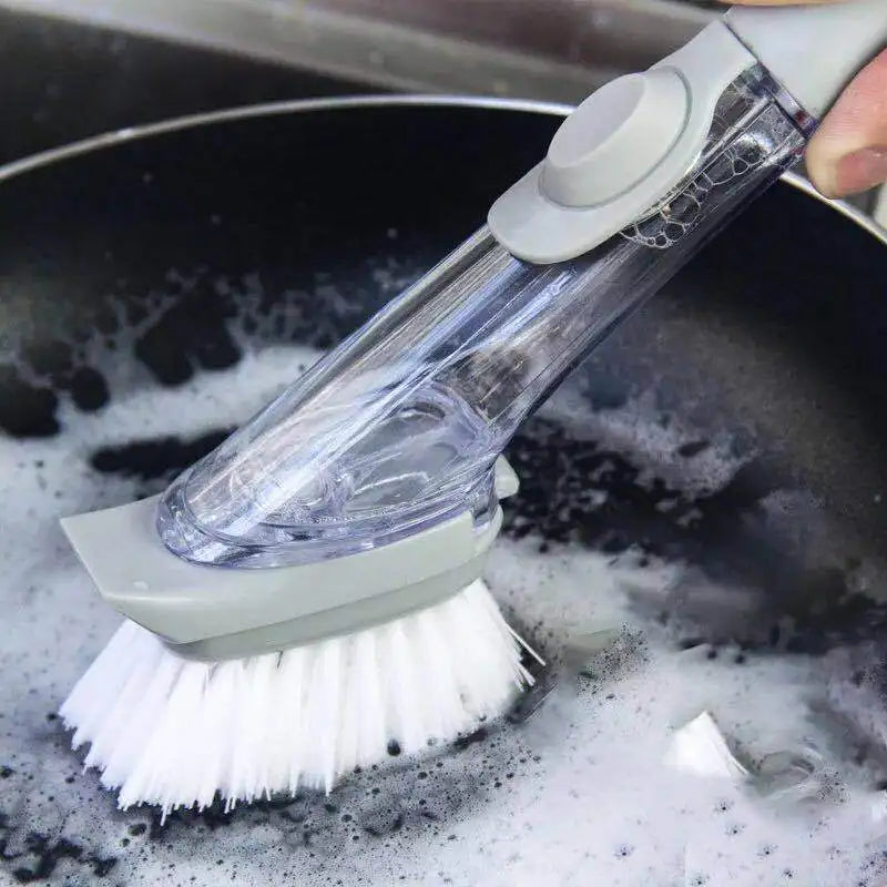 2 in 1 Kitchen Cleaning Brush Sponge Automatic Liquid Dispenser Long Handle Dishwashing Sponge Cleaner Household Cleaning Tools